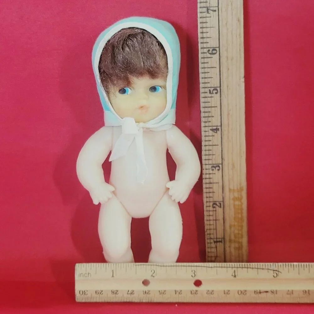 Vintage Collectible Doll Rooted Brown Hair Blue Eyes Blue White Bonnet
